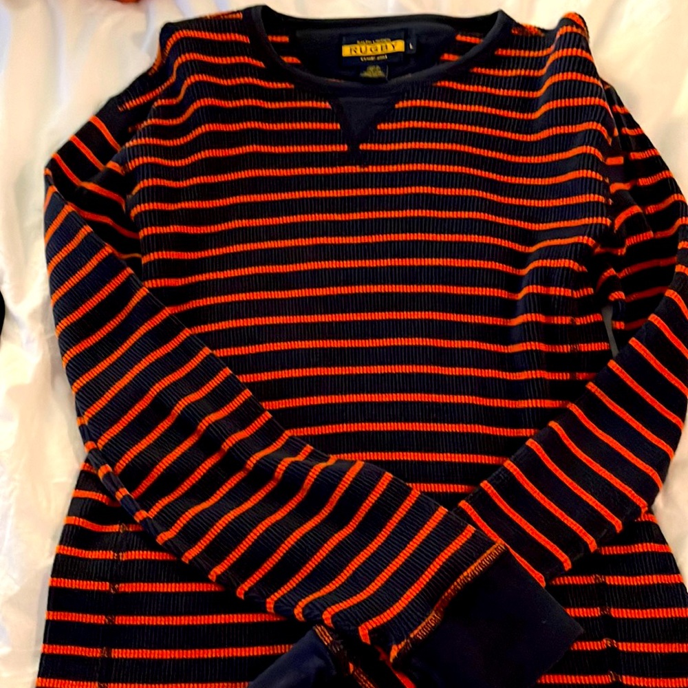 Rugby by RL cotton pullover dark blue with orange stripes